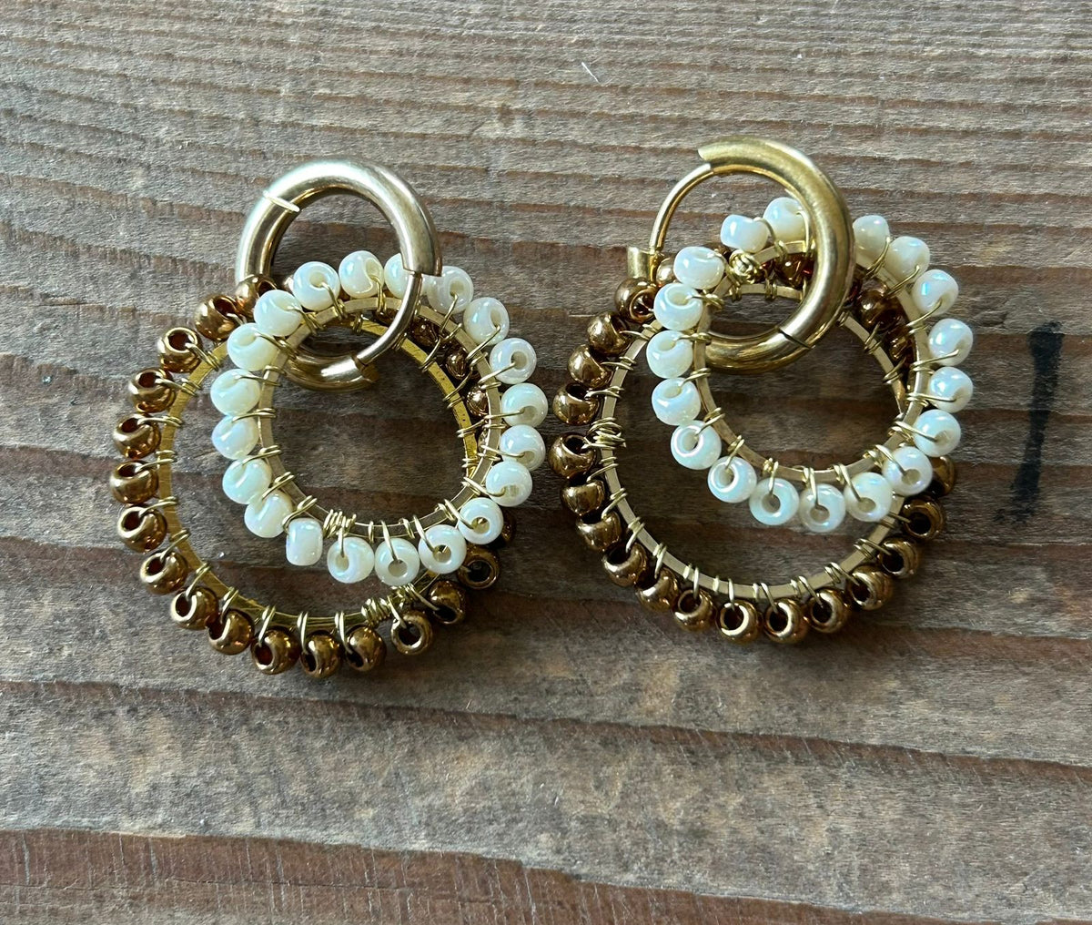 Mocha White Double Beaded Circular Huggies