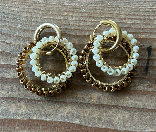 Mocha White Double Beaded Circular Huggies